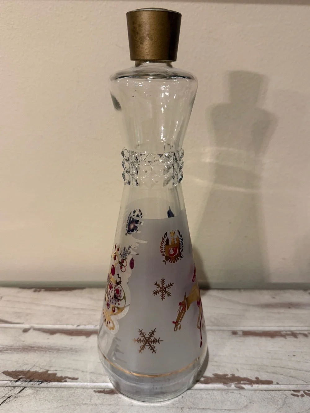 Vintage Frosted Glass Decanter Russian Troika Sleigh Gold Red Barware